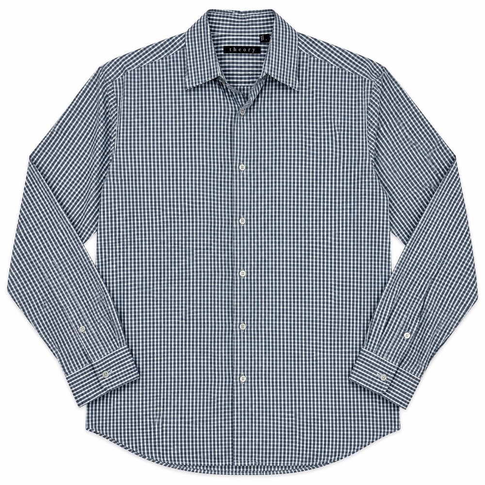 Theory Button Up Shirt Mens Large Blue Gingham Plaid Cotton Long Sleeve